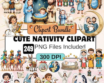 Könnte beinhalten: Eine Sammlung farbenfroher, cartoonartiger Krippen-Clipart. Die Bilder zeigen die Heilige Familie, Engel, Hirten, die Heiligen Drei Könige und das Jesuskind in einer Krippe. Text enthält "Clipart Bundle", "Cute Nativity Clipart", "249 PNG Files Included" und "300 DPI".