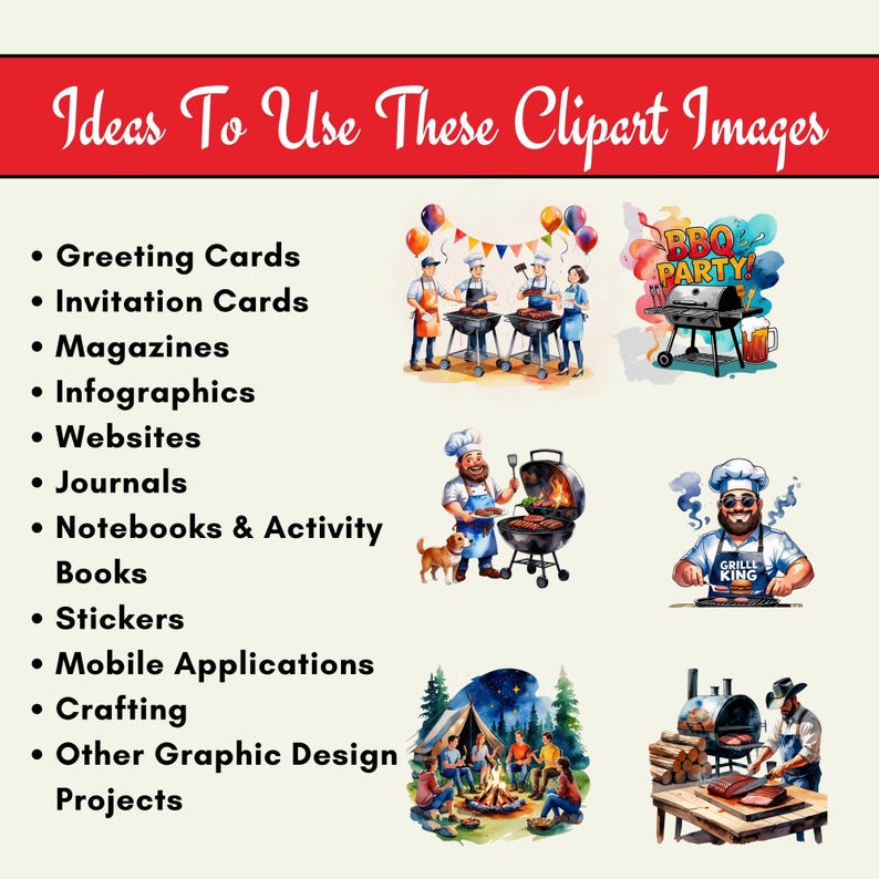 May include: A collection of watercolour illustrations featuring various barbecue scenes. The illustrations include people grilling, a campfire, and a BBQ party sign. The illustrations are perfect for use in greeting cards, invitations, magazines, and other graphic design projects.