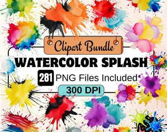 May include: A digital clipart bundle of 281 watercolor splash PNG files. The image shows a variety of colorful watercolor splatters in different shapes and sizes. The text "Clipart Bundle Watercolor Splash 281 PNG Files Included 300 DPI" is displayed on the image.