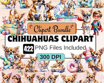 Imágenes prediseñadas de chihuahuas, paquete de imágenes de chihuahuas en acuarela, linda impresión de chihuahua, imágenes de perros chihuahua, gráficos de perros de raza pequeña, perro pequeño