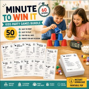 Op de afbeelding: Een Minute to Win It feestspellenbundel voor kinderen met 50 printbare spelkaarten. De set bevat instructies voor activiteiten zoals Cookie Face, Dice Stack en Bounce It, samen met rode en blauwe plastic bekers, een digitale timer en pompons.