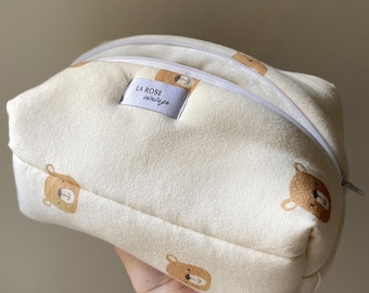 Teddybeer: crème katoenen make-uptasje, handgemaakt in Frankrijk