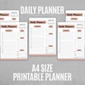 Könnte beinhalten: Satz von sechs druckbaren Tagesplanern im A4-Format. Jeder Planer hat ein schlichtes Design mit weißem Hintergrund, schwarzen Linien und einer roten Kopfzeile mit der Aufschrift "Daily Planner".