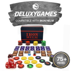 Peut inclure: Un jeu de société avec le texte "DELUXYGAMES" et "COMPATIBLE WITH IRON HELM". L'ensemble comprend une boîte noire avec des rayures rouges, des dés, des pièces de jeu et des jetons. L'ensemble contient plus de 75 pièces.