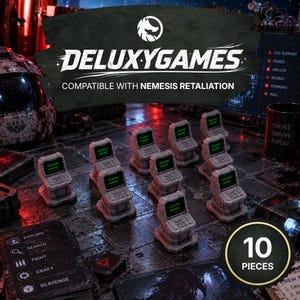 May include: A set of 10 miniature gray computer terminals with green screens, designed for use with the Nemesis Retaliation board game. The pieces feature detailed console buttons and screens, presented as a collection of gaming accessories.