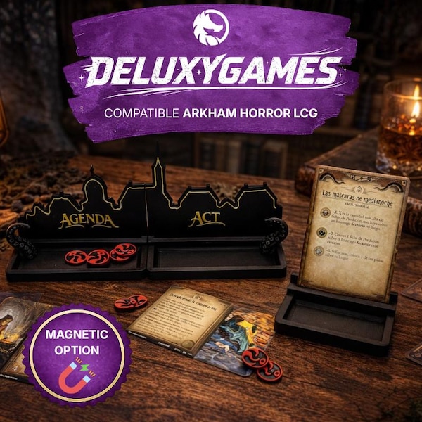 Compatible con Arkham Horror LCG • Soporte de Agenda, Acto y Escenario con Skyline de Arkham DELUXYGAMES (No oficial)