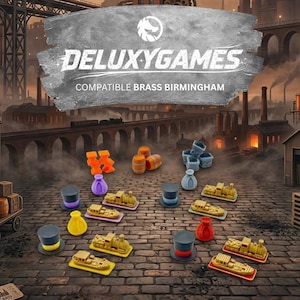 Puede incluir: Un conjunto de piezas de juego para "DeluxyGames Compatible Brass Birmingham". La imagen presenta varias fichas de juego de colores, incluyendo vagones de tren, barriles y sombreros de copa, sobre un fondo industrial con el logo del juego.