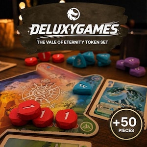May include: A board game token set titled DeluxyGames The Vale of Eternity Token Set featuring red, blue, and purple hexagonal tokens with white numbers. The set includes 50 pieces, displayed alongside a game board and a card labelled Roina Ondina.