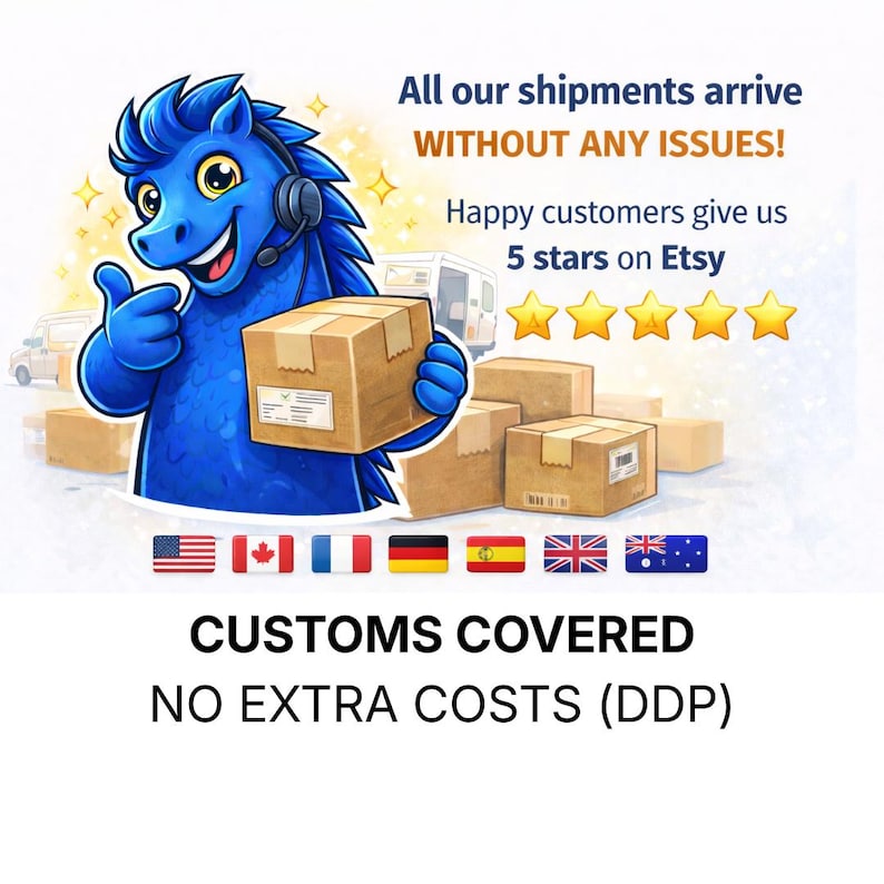May include: A blue cartoon horse with a headset holds a cardboard box, giving a thumbs up. Text reads "All our shipments arrive WITHOUT ANY ISSUES!" and "Happy customers give us 5 stars on Etsy." Flags of several countries are shown.