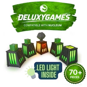 May include: An image showcases five illuminated game pieces with a futuristic design. The pieces are black with green and yellow LED lights, and a green square on top. The text "DELUXYGAMES" and "COMPATIBLE WITH NUCLEUM" are visible. The image also includes the text "LED LIGHT INSIDE" and "70+ PIECES".