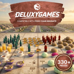 May include: A board game with miniature food and drink pieces, including pizza slices, burgers, and bottles. The game board features the text "DELUXYGAMES" and "COMPATIBLE WITH FOOD CHAIN MAGNATE". A circular emblem indicates "330+ PIECES".