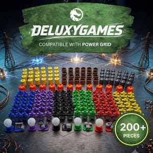 Könnte beinhalten: Ein Brettspiel-Zubehörset von DeluxyGames kompatibel mit Power Grid, bestehend aus über 200 Teilen, darunter gelbe Zylinder, braune Kohlewagen, schwarze Fässer, verschiedenfarbige Kraftwerks-Spielsteine und weiße Glühbirnen-Marker.
