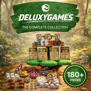 Op de afbeelding: Een complete collectie van het DeluxyGames bordspel met meer dan 180 onderdelen. De set bevat spelstukken, kaarten en een boomvormige display. De tekst op de banner luidt "DELUXYGAMES THE COMPLETE COLLECTION".