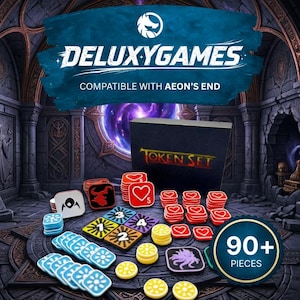 Puede incluir: Un juego de fichas de mesa con el texto "DELUXYGAMES" y "COMPATIBLE WITH AEON'S END". El conjunto incluye varias piezas de juego en rojo, azul, amarillo y negro, con una caja etiquetada como "TOKEN SET". La imagen también incluye un gráfico que dice "90+ PIEZAS".