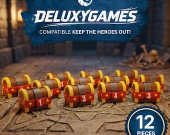 Pode incluir: Doze arcas do tesouro em miniatura, castanhas, amarelas e vermelhas, numeradas e dispostas sobre uma superfície de pedra. O logótipo DeluxyGames é visível, com o texto "Compatible Keep The Heroes Out!"