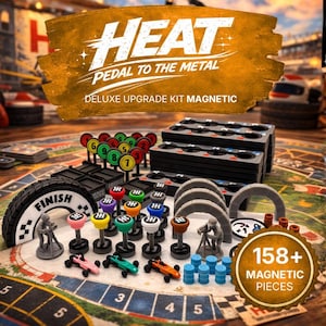 Heat Pedal to the Metal Deluxe Upgrade Kit - Geschwindigkeitsmarker, Garagen, Getriebe, Straßenzustand & Zubehör für das Heat Brettspiel