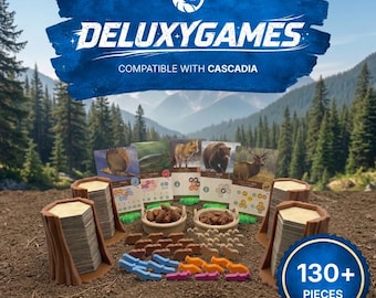 Puede incluir: Juego de mesa DeluxyGames con el texto "DELUXYGAMES" y "COMPATIBLE WITH CASCADIA". El juego incluye cartas de animales, fichas de madera y soportes para cartas con forma de tocón de árbol. El juego contiene más de 130 piezas.