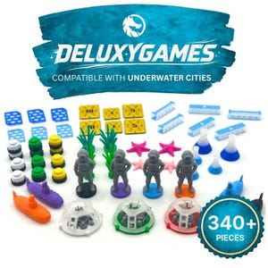 May include: A board game set featuring diver figurines, submarines, and underwater structures in various colours. The image includes the text "DELUXYGAMES" and "COMPATIBLE WITH UNDERWATER CITIES". A circular badge displays "340+ PIECES".