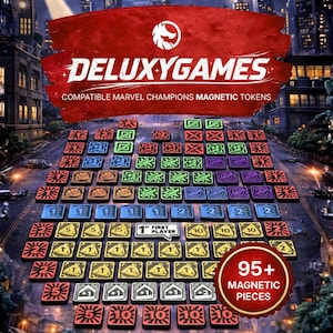 May include: A collection of over 95 magnetic game tokens for Marvel Champions. The tokens are in various colors and feature symbols and numbers. The DeluxyGames logo is at the top, with the text "Compatible Marvel Champions Magnetic Tokens".
