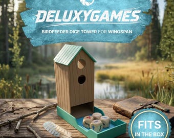 May include: A wooden birdfeeder dice tower for the board game Wingspan, featuring a light brown vertical structure with a teal roof and base. The tower includes two circular openings and four dice with nature-themed icons inside the base tray.