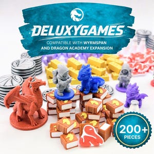 May include: A board game accessory set by Deluxygames, compatible with Wyrmspan and Dragon Academy, featuring over 200 pieces including miniature plastic dragons, hooded figures, stacks of small books, yellow blocks, and silver coins.