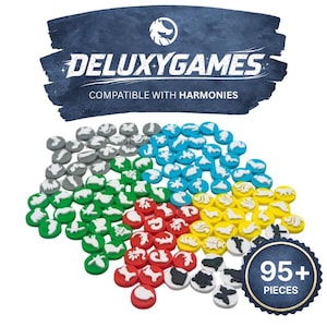 May include: A selection of colourful game pieces in grey, blue, green, red, and yellow, with white embossed designs. The image displays the text "DELUXYGAMES" and "COMPATIBLE WITH HARMONIES" on a dark blue background. A circular badge indicates "95+ PIECES".