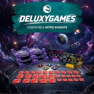 May include: An image promoting DeluxyGames, compatible with Astro Knights. The image shows purple game component organisers, game cards, and red heart-shaped tokens. The background depicts a space scene with a planet and a spaceship.