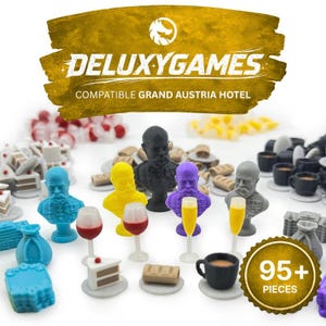 以下が含まれることがあります： さまざまな色のミニチュアバスト、食品、グラスなど、ゲームピースのコレクション。画像には「DELUXYGAMES」と「COMPATIBLE GRAND AUSTRIA HOTEL」の文字が表示されています。金色のバッジは「95+ PIECES」を示しています。