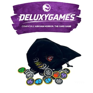 May include: A black velvet bag with various game tokens scattered around it. The tokens are round with different symbols and numbers. The image includes a purple banner with the text "DELUXYGAMES" and "COMPATIBLE ARKHAM HORROR: THE CARD GAME".
