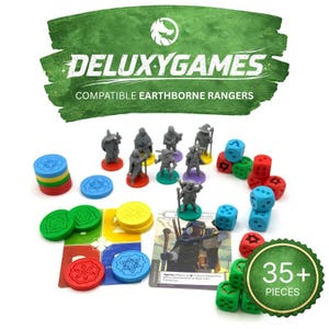 May include: A tabletop game set with the DeluxyGames logo and text "Compatible Earthborne Rangers." The set includes miniature figures, dice, tokens, and cards. The image shows a variety of colors, including green, red, blue, and yellow. The set contains 35+ pieces.
