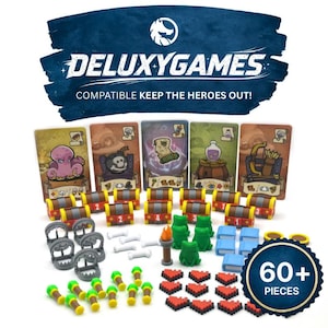 May include: A board game set with various components, including cards, treasure chests, and other game pieces. The set features the text "DELUXYGAMES" and "COMPATIBLE KEEP THE HEROES OUT!" on a blue background. Includes over 60 pieces.