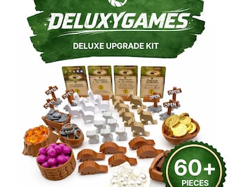 May include: DeluxyGames Deluxe Upgrade Kit with over 60 pieces. Includes game pieces such as wooden animals, gold coins, and resource tokens. The kit also features game cards and small wooden signs that say "OPEN".