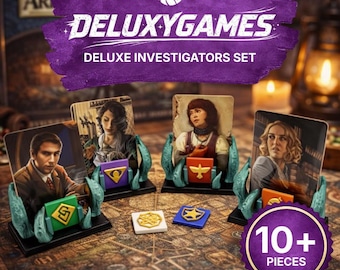 May include: DeluxyGames Deluxe Investigators Set. The image shows a board game with character cards and tokens. The game cards feature illustrations of people. The set includes 10+ pieces and is displayed on a map.
