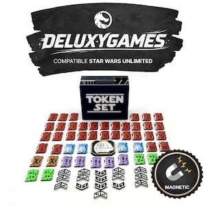 May include: A collection of game tokens and a box set. The box reads "TOKEN SET". The tokens are various colors, including red, blue, green, and purple, with numbers and symbols. The image also includes the text "DELUXYGAMES".