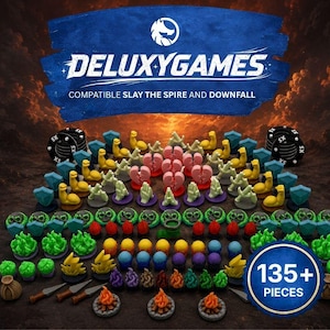 May include: A selection of game pieces, including shields, hearts, hands, and skulls, with the text "DELUXYGAMES" and "COMPATIBLE SLAY THE SPIRE AND DOWNFALL" on a blue banner. The image also includes a circular badge that says "135+ PIECES".