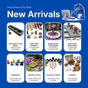 May include: A promotional image for DeluxyGames Etsy Shop, showcasing new board game accessories. The image features various game components, including miniatures, tokens, and trays, with text labels such as "Heat Pedal to the Metal" and "Blood on the Clocktower."