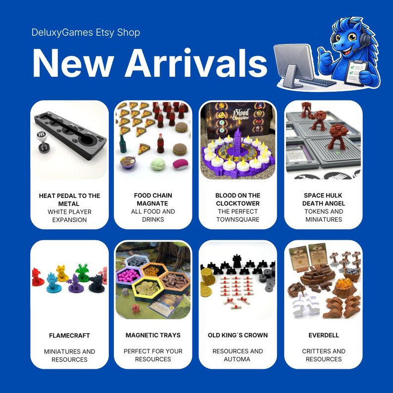 May include: A promotional image for DeluxyGames Etsy Shop, showcasing new board game accessories. The image features various game components, including miniatures, tokens, and trays, with text labels such as "Heat Pedal to the Metal" and "Blood on the Clocktower."