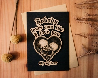 Tarjeta de felicitación de madera tamaño A6 con esqueleto grabado con la letra de Kool-Aid de BMTH "Nobody Loves You" / San Valentín, aniversario, cumpleaños, boda, música emo y gótica