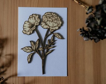 Ramo de flores de amapola y peonía, tarjeta de felicitación de madera A6 grabada / Día de la Madre, San Valentín, boda, felicitaciones, condolencias, flores, agradecimiento
