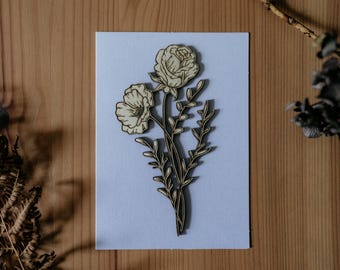 Tarjeta de felicitación de madera A6 con ramo floral de amapolas y rosas grabadas / Día de la Madre, San Valentín, boda, felicitaciones, condolencias, flores, agradecimiento