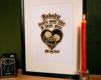 BMTH 'Nobody Loves You' Kool-Aid Letras Esqueleto Grabado Madera M/L Impresión / San Valentín Aniversario Cumpleaños Emo Música Gótica Oli Sykes