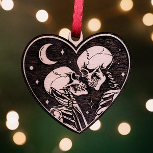 Lovers Skull Valentines Hanging Engraved Wooden Heart | Wedding Wife Husband Decoration | Emo Gothic Witchy Punk Celestial