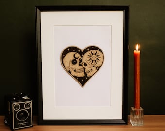 Amantes celestiales Corazón Impresión grande Grabado Madera / Día de San Valentín Aniversario Cumpleaños Boda Halloween Emo Gótico Brujo Pared Arte Cráneos