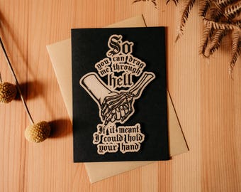 Tarjeta de felicitación A6 de madera grabada con la letra de «Follow You» de BMTH / San Valentín Aniversario Boda Emo Gothic Music Lovers Skeleton Lovers Oli Sykes