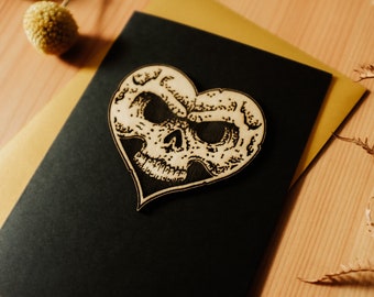Tarjeta de felicitación de madera con el logotipo de la banda de calavera y corazón de Alexisonfire, tamaño A6, grabada, para cumpleaños, música emo, gótica, screamo, metal, alternativa, impresión de amor