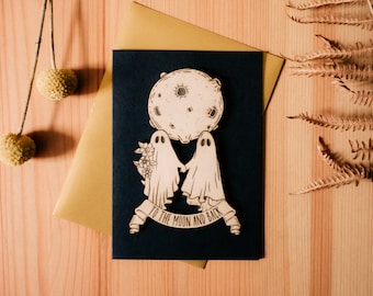 Tarjeta de felicitación de madera A6 grabada "To The Moon And Back Love Ghosts" para el Día de la Madre, aniversario, amistad, boda, amantes, flores, pareja, San Valentín.