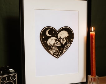 Amantes Cráneo Grabado Corazón de Madera Impresión Grande / San Valentín Aniversario Cumpleaños Boda Halloween Emo Gótico Luna Bruja Esqueletos Decoración