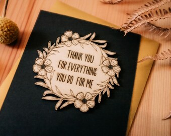 Tarjeta de felicitación de madera A6 grabada con "Gracias por todo" / Día de la Madre, Día de San Valentín, Aniversario, Cumpleaños, Boda, Profesor, Mejores amigos