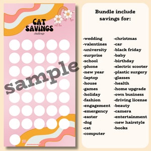 May include: A pink and orange printable savings challenge chart with the title "CAT SAVINGS challenge". The chart has 30 circles to track savings for various events, such as weddings, birthdays, and holidays. The chart is decorated with a retro-style wavy pattern and flowers.