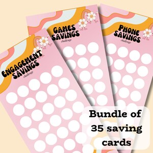 May include: Three pink printable saving challenge cards with white circles. The cards are titled "Engagement Savings", "Games Savings", and "Phone Savings". The text "Bundle of 35 saving cards" is at the bottom of the image.
